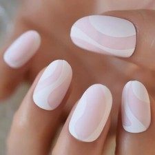 24 Matte White pink swirl Press on nails set with glue short medium Nude natural