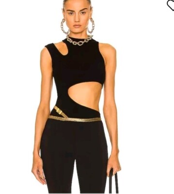 BALMAIN Paris Multi Cut Out Size L Noir Women's Ribbed Stretch Tank Top #CB5