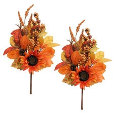 Set of 2 16in Fall Orange Sunflower Picks and Sprays with Pinecones Berries E...