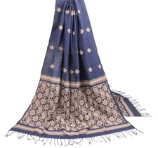 Sushila Vintage Hand Woven Dupatta 100 Pure Cotton Floral Navy Blue Long Stole