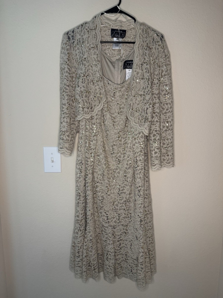 Alex Evenings 2 Pc Lace Sequin Dress Jacket Set Taupe Beige Women's 16W  Formal | eBay