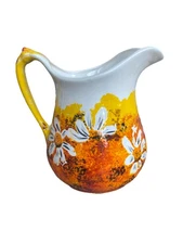 Arnel’s Vintage 1970’s Hand Painted   Ceramic Daisy Orange Yellow Milk Pitcher