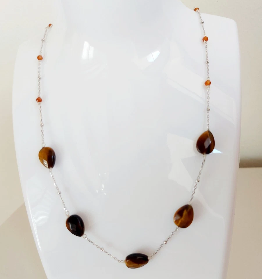 Collana in argento 925 con occhio di tigre a goccia sfaccettata e cubic zirconia - Immagine 2 di 4