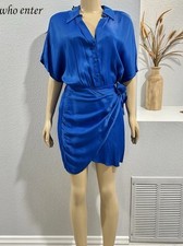 Zara Blue Satin Wrap Dress Size S Small Short Sleeve Button Up Mini Dress