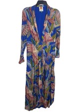 FARM Rio Blue Parrot Print Maxi Dress L V Neck Long Sleeve