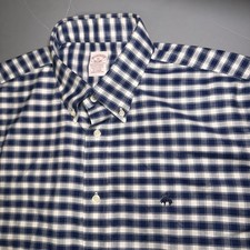 Brooks Brothers Stretch Oxford Shirt XL Traditional Fit Blue Gray Plaid Gingham