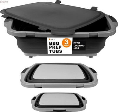 Drip EZ Collapsible BBQ Prep Tubs 3-P Set- For Meal Prep Marinating Food Storage