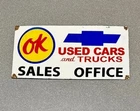 VINTAGE 12” OK USED CARS CHEVY CHEVROLET PORCELAIN SIGN GAS OIL TRUCK MOTORCYCLE