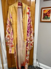 Vintage Mitsukoshi Silk Kimono Yellow Floral Gold Handpainted Long Robe Japan