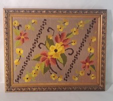 vintage, completed needlepoint canvas featuring a floral design, gold-tone frame