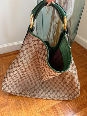 Gucci Horsebit Canvas Hobo Shoulder Bag Brown Green Leather Trim Gold Hardware