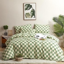 Plaid Green and White Duvet Cover Queen Size for Girls Boys - Sage Green Grid