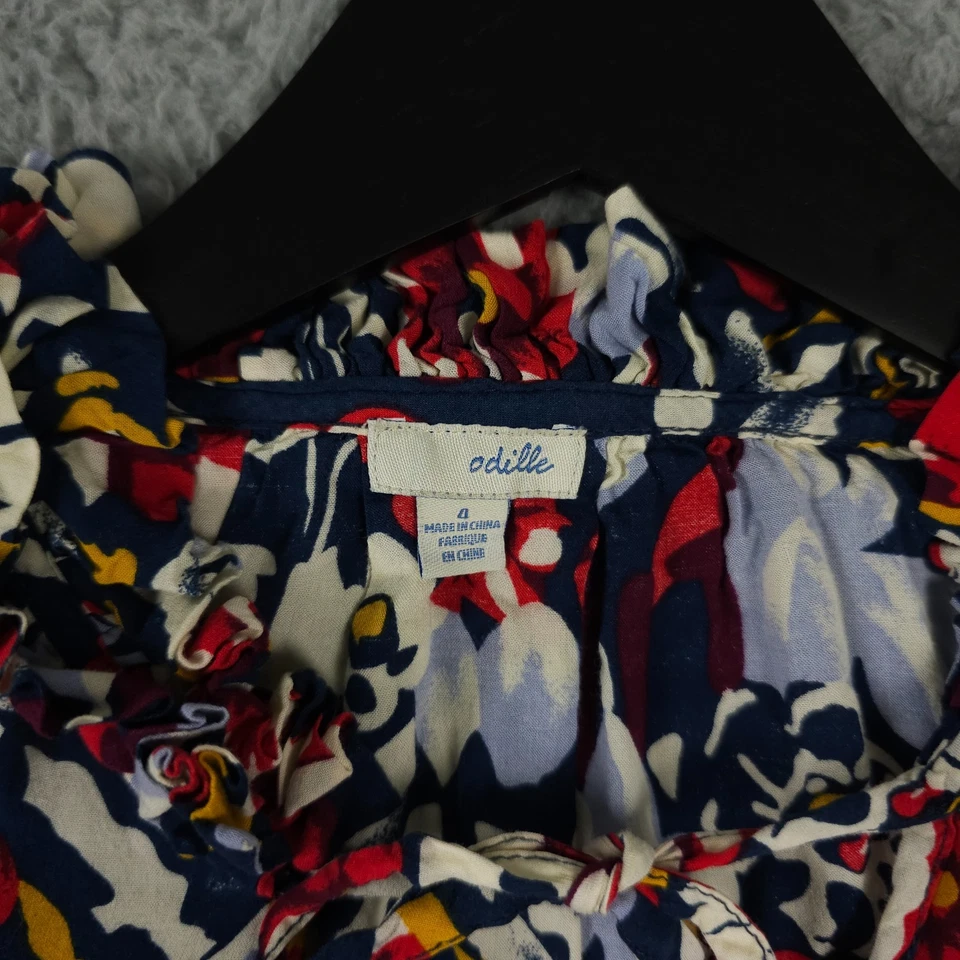 Camisa Top Odille Anthropologie Mujer 4 Azul Rojo Floral Volantes Cuello Atado Foto 3 de 4