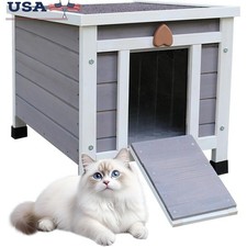 Waterproof Outdoor Wooden Cat House W/ Flap Easy Assembly Pet Shelter Cats New