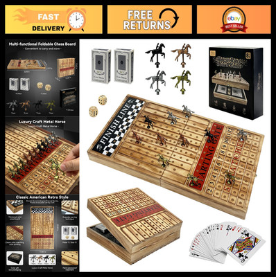 Large 23'' Horse Racing Game - 11 Metal Horses, Foldable Board, Dice & Cards for