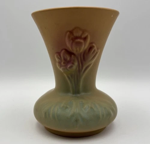Vintage Van Briggle Pottery Vase Matte Pink & Blue Crocus Flowers V3 5.5"