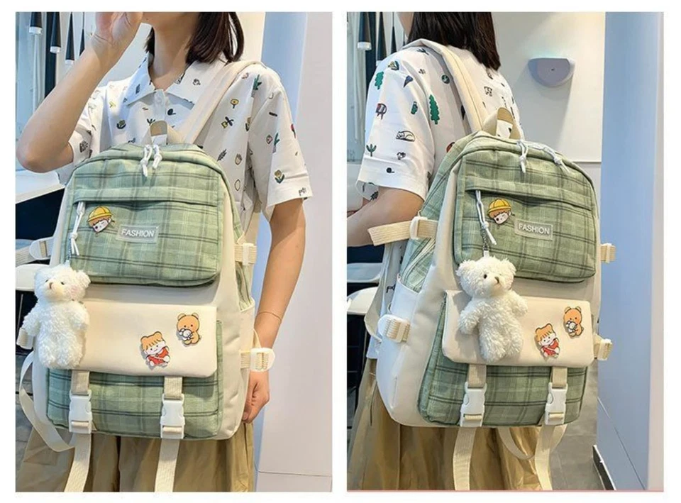 Juego combinado de mochila Kawaii de lona de 5 piezas con lindos alfileres colgantes de oso a cuadros... Foto 3 de 4