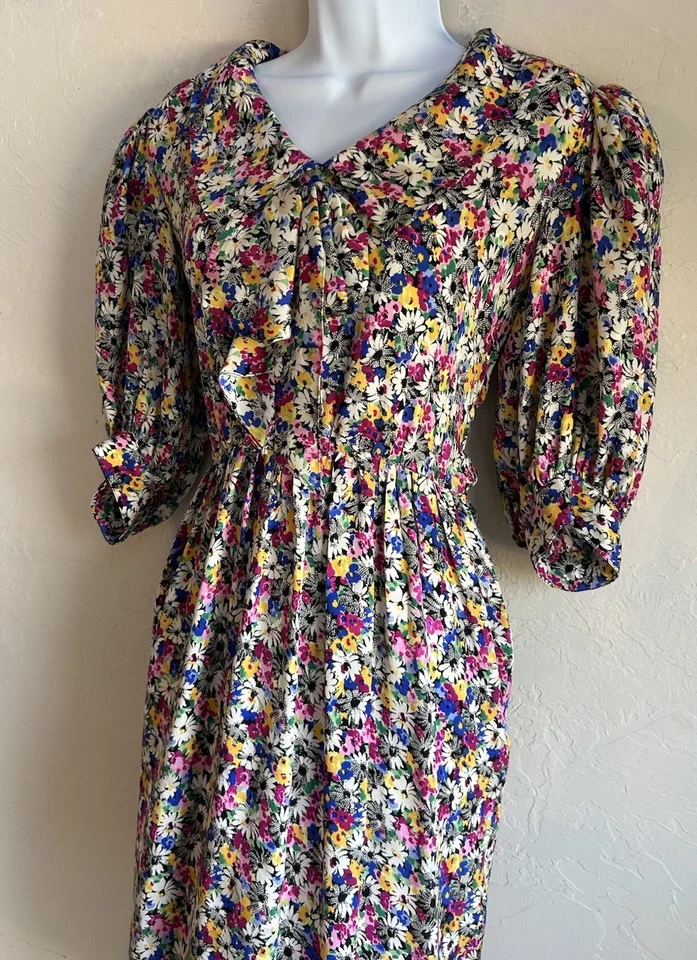 Vintage 80s Miss O By Oscar De La Renta Silk Floral Dress 4 Romantic Bow Collar  - Image 2 of 4