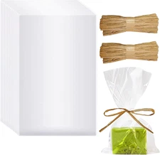 200pcs Clear Soap Bags for Packaging - 5x8 Inch Cellophane Bag with Raffia Ro...