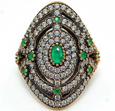 Ottoman Empire Style 6CT Treated Emerald 925 Sterling Silver Ring Sz 8 HB2-4
