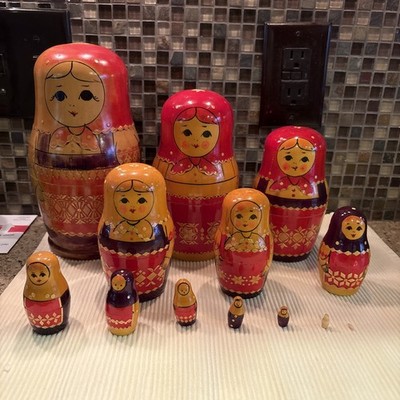 Matryoshka Doll Set Vintage Russian Hand Painted Nesting Dolls, 13 Piece, 8 