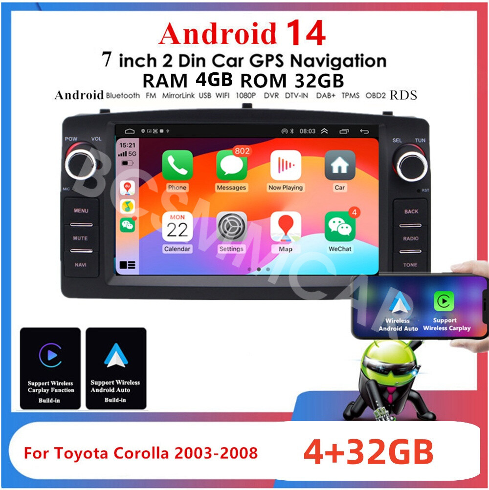 7"" Android 14 Stereo Radio 4+32GB GPS Navigation Fit For Toyota Corolla 2003-08