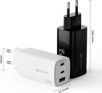 USB Typ-C Schnellladegerät sonero 65W GaN 3 Port iPhone, Samsung, Tablet PD 3.0
