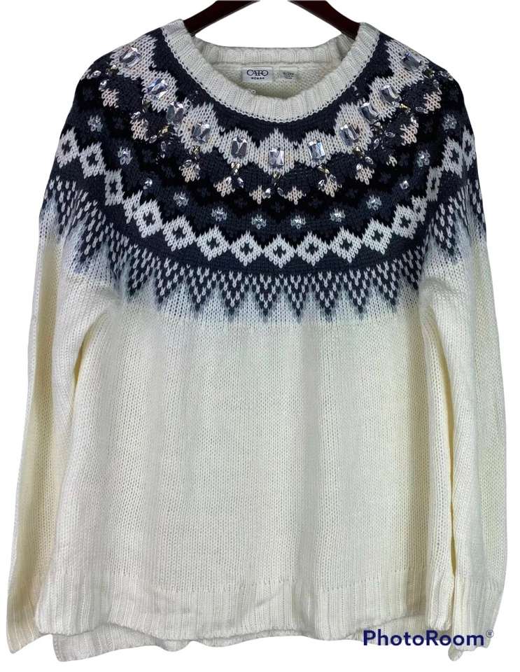 New CATO Sweater Pullover 18W 20W 2X Nordic Fair Isle Ivory Gray Beaded    jj - Image 2 of 4
