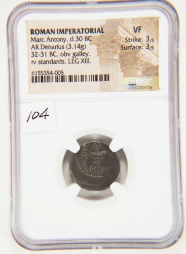 Mark Antony, AR Denarius, 32-31 BC, NGC VF, Roman Imperial, Galley, AC104 - Picture 2 of 6