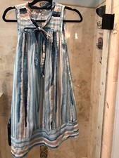 XS MARC JACOBS Pleated Cotton Poplin Shift Dress Tie at Neck Blue Tan Boho