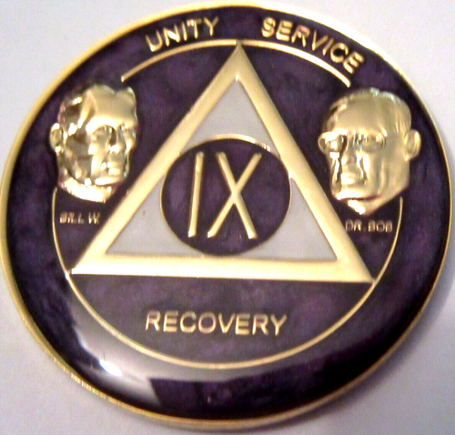 Alcoholics Anonymous Purple White gold 9 Year AA Medallion Sober Bill Bob Token - Picture 6 of 6