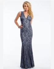 CAMILLE LA VIE Steel Charcoal Corded Scalloped Lace Glitter Gown 2 XS MAC DUGGAL