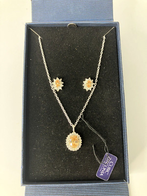 Sterling Silver Necklace/Earring Set Champagne Amber Cubic Zirconia in Gift Box