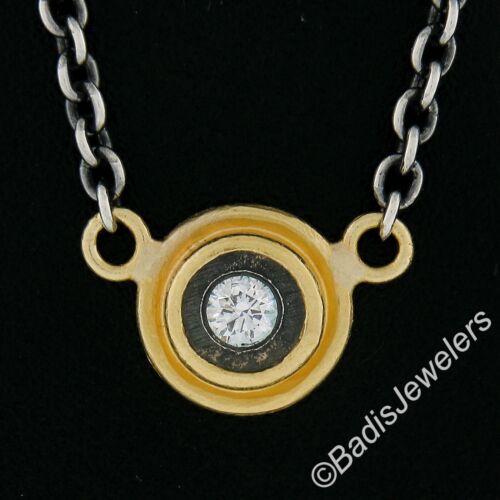 Lika Behar Silver & 24k Gold .09ct Round Bezel Diamond Solitaire Pendant & Chain - Picture 3 of 8