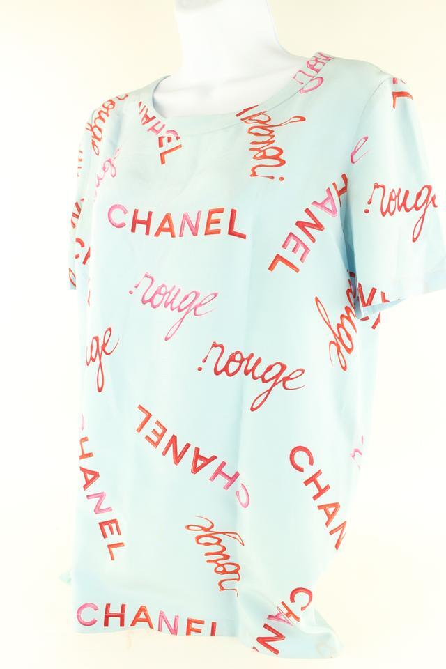Chanel Size 38 96P Rouge Coco All Over Blue Silk Top Blouse