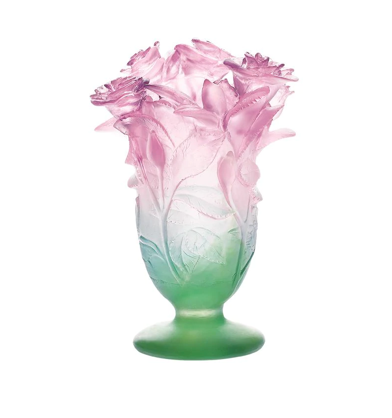 NEW DAUM CRYSTAL ROSES VASE GREEN & PINK SMALL #03507 BRAND NIB