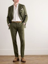 Men Linen Suit Olive Green Summer Casual Beach Groom Tuxedo Wedding Prom 2 Piece