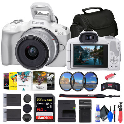 Canon EOS R50 Mirrorless Camera with 18-45mm Lens (White) + 64GB Card + Bag +