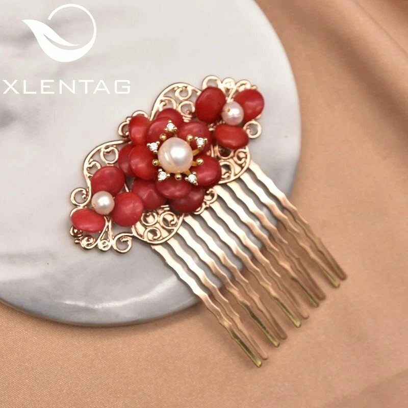 Xlentag Handmade Natural Freshwater Pearl Coral Flower Hair Comb For Ladies Wedd - Image 4 of 4