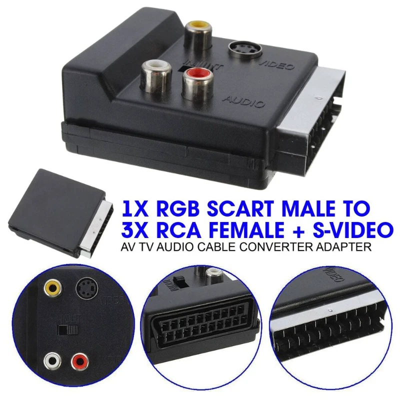 1x RGB Scart Male to 3x RCA Female + S-Video AV TV Audio Cable Converter Adapter - Image 2 of 4