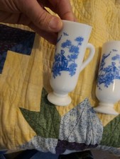 2 Vintage Avon 5" white/glass & blue designed medieval design vases/ apothecary 