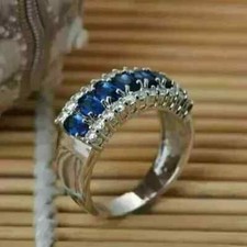 4Ct Oval Cut Lab Created Blue Sapphire Wedding Band Ring 14K White Gold Plated