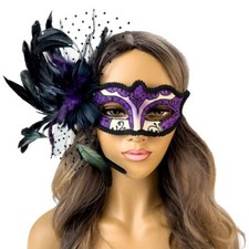 Elegant Feather Masquerade Masks for Masquerade Ball Prom Wedding Purple