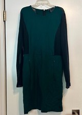 KENNETH COLE Dark Forest Green Black Sheer Sleeve Stretch Career Work Dress 14 L