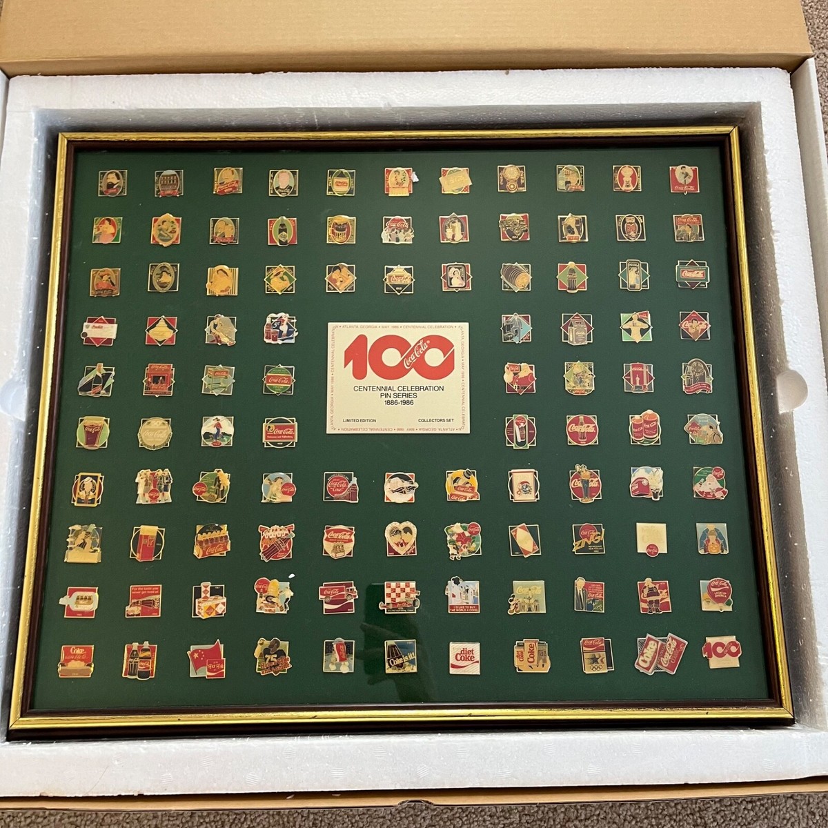 Vintage Framed Coca-Cola 100th Anniversary 101 Pin Badge Set 