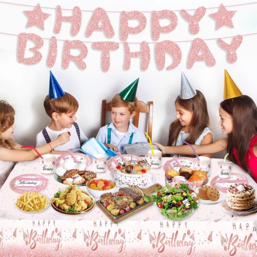 177pcs Rose Gold Birthday Party Supplies Disposable Paper Plates Napkins Cups Ta - Picture 6 of 7