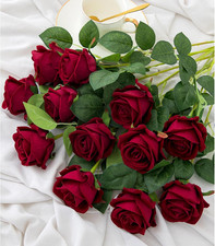 12PCS Artificial Flowers Fake Roses, Realistic Velvet Long Stem Red Roses Bouque
