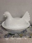 Vtg. Indiana White Milk Glass Chicken Hen on Nest Covered Bowl Candy Dish 7” EUC