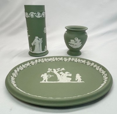 Wedgwood Jasperware 3 Pc. Oval Tray, Small Vase & Spill Vase Celadon Green NICE