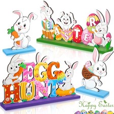 Funrous 4 Pcs Happy Easter Table Sign Decoration Wooden Egg Hunt Tabletop Cen...